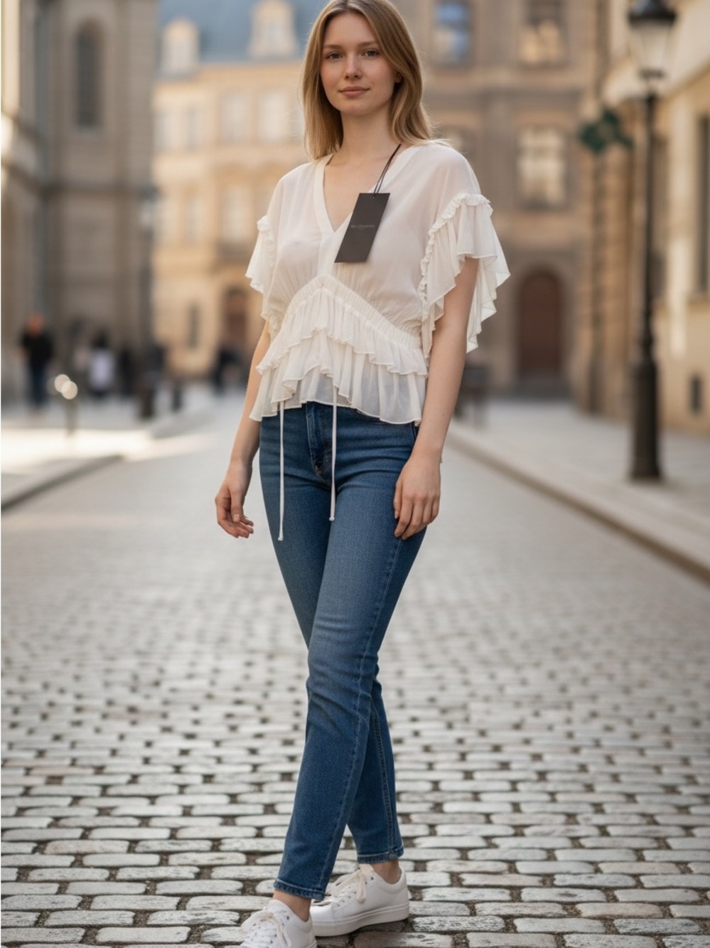 The Kooples Paris Women’s White Ruffle V-Neck Blouse - Picture 4 of 5
